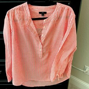 J Crew red pinstripe cotton half button blouse